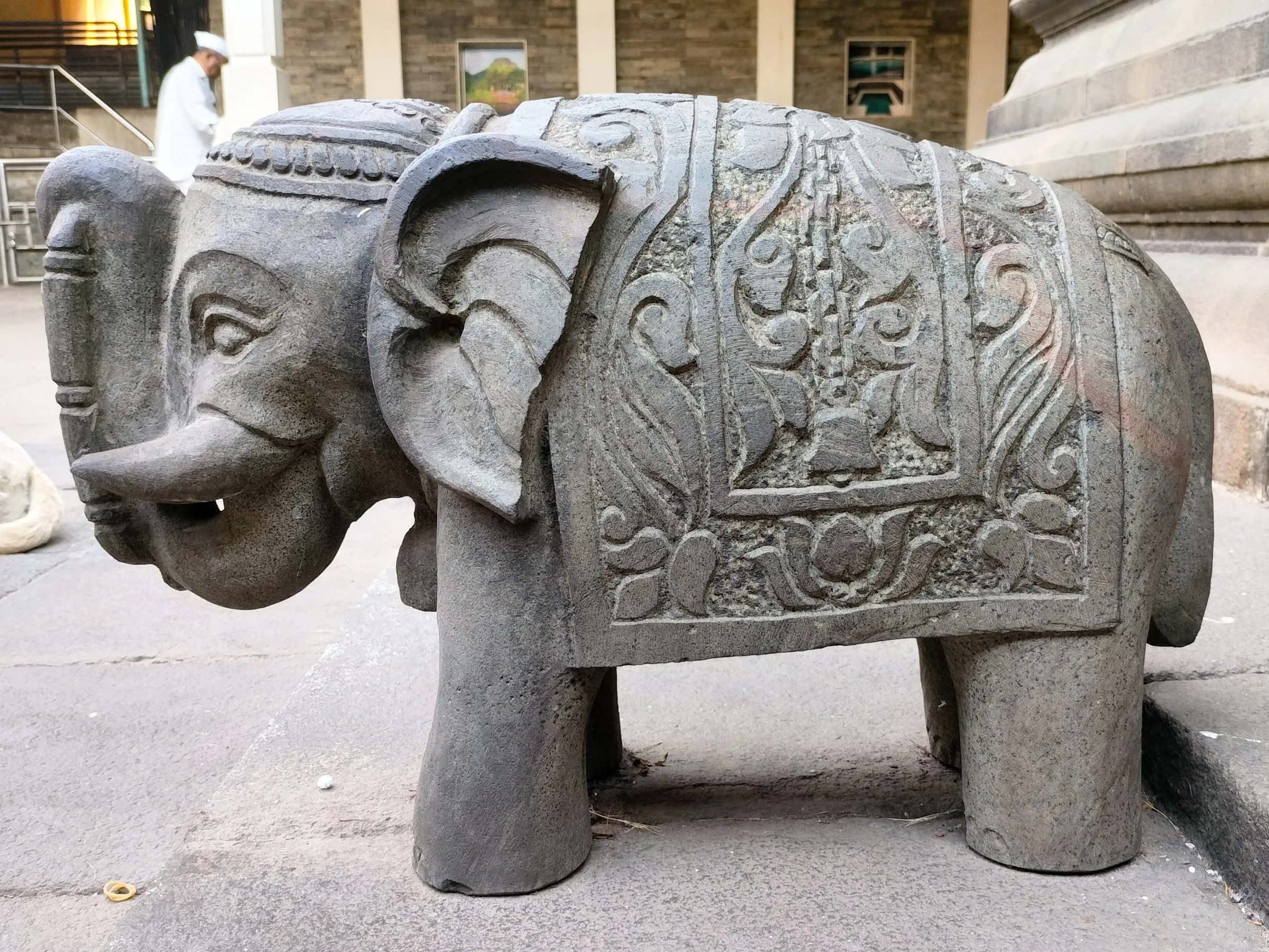 A carved stone elephant at the Ballaleshwar temple, Pali