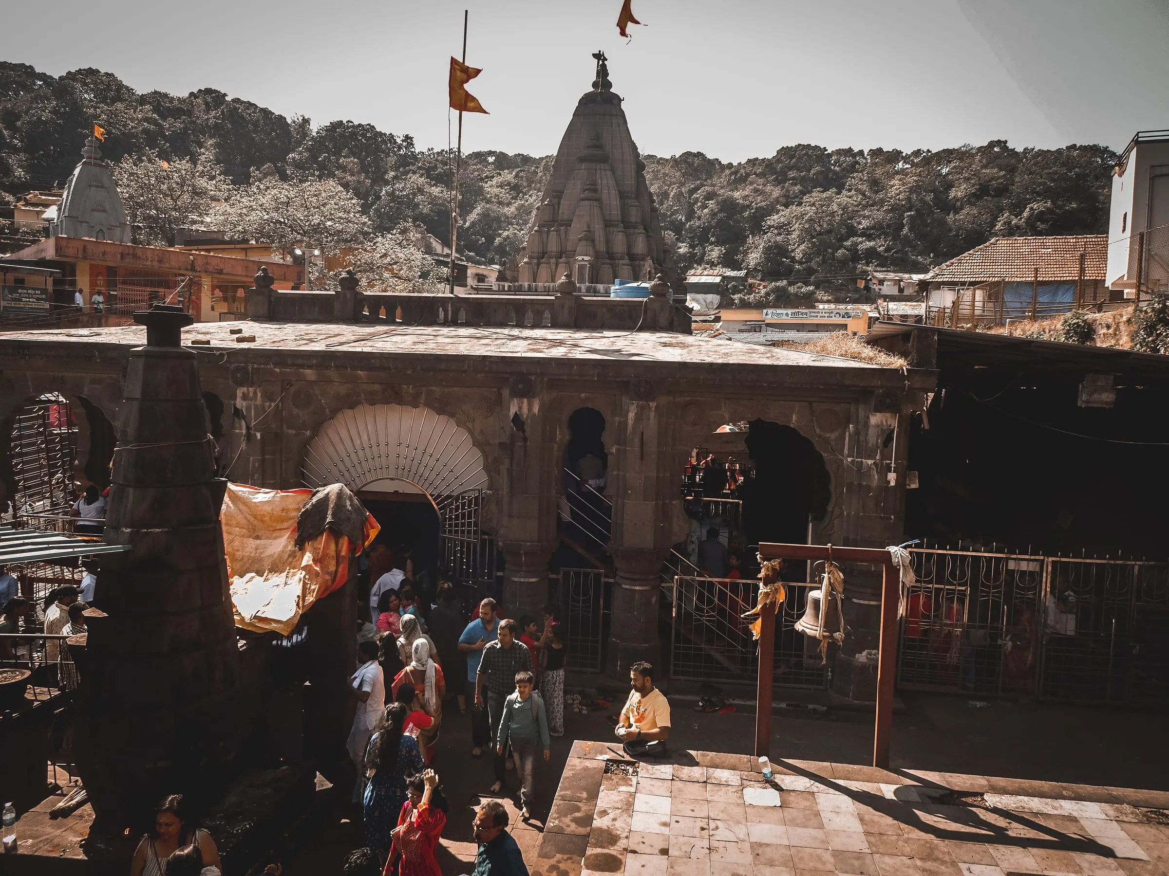 The front of Bhimashankar Temple, with pilgrims at the entrance