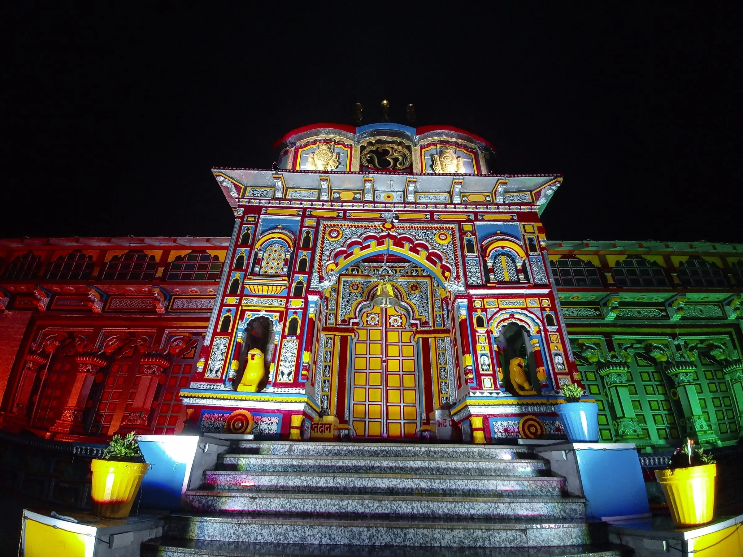 Badrinath Temple lit up at night