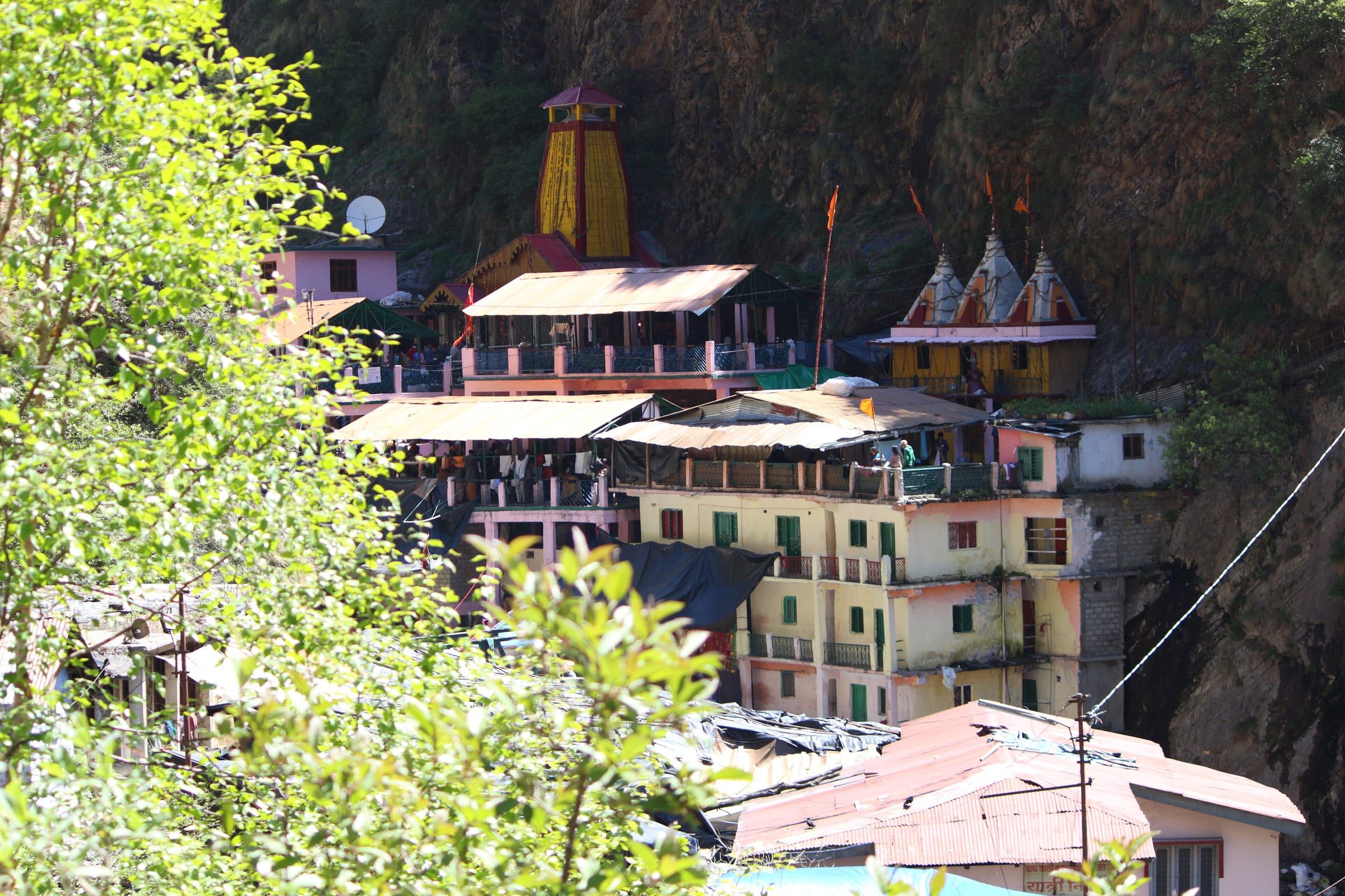 The Yamunotri shrine and its buildings among the trees of the upper Yamuna valley