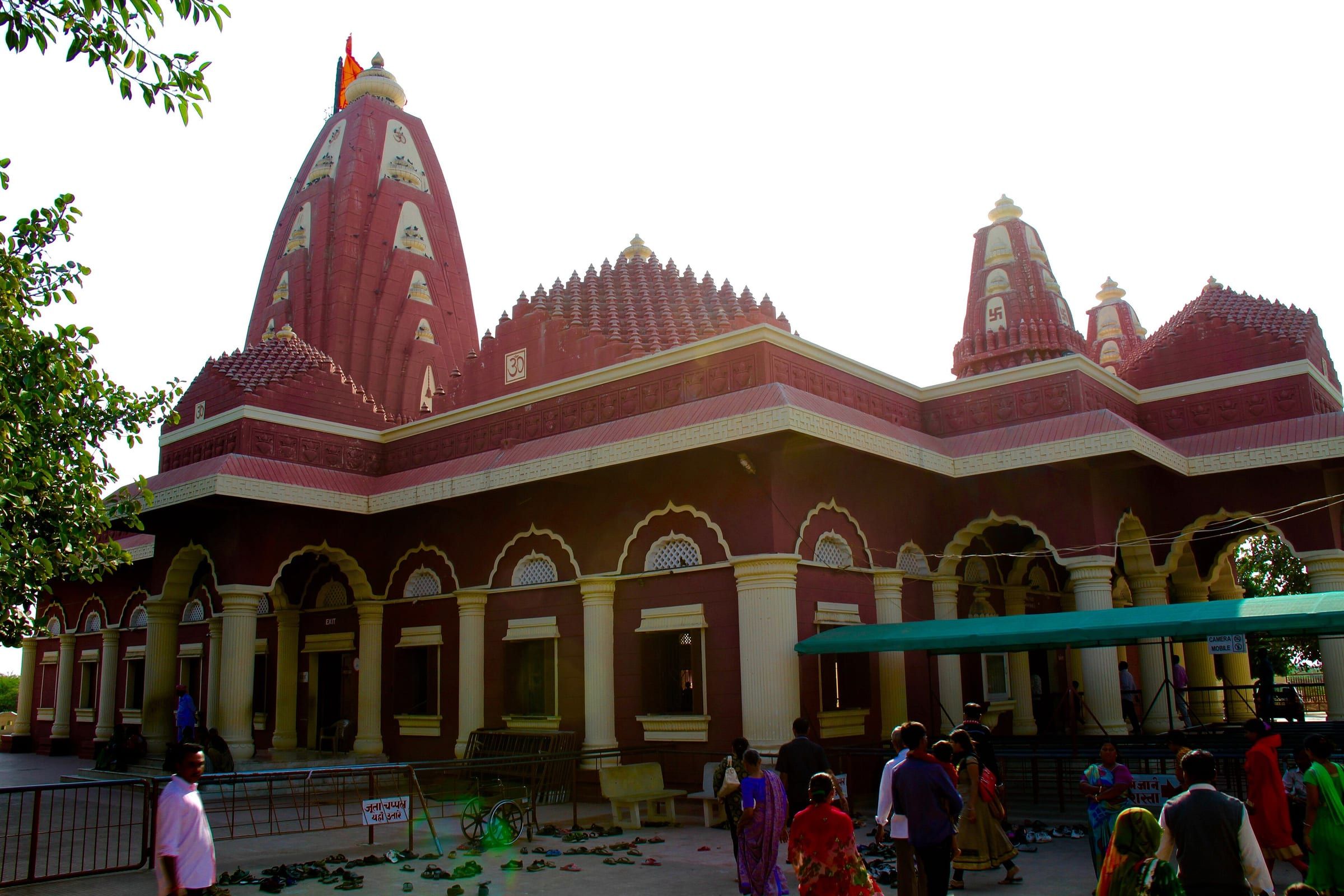 Nageshwar Temple near Dwarka, its pink and red spires above a pillared front