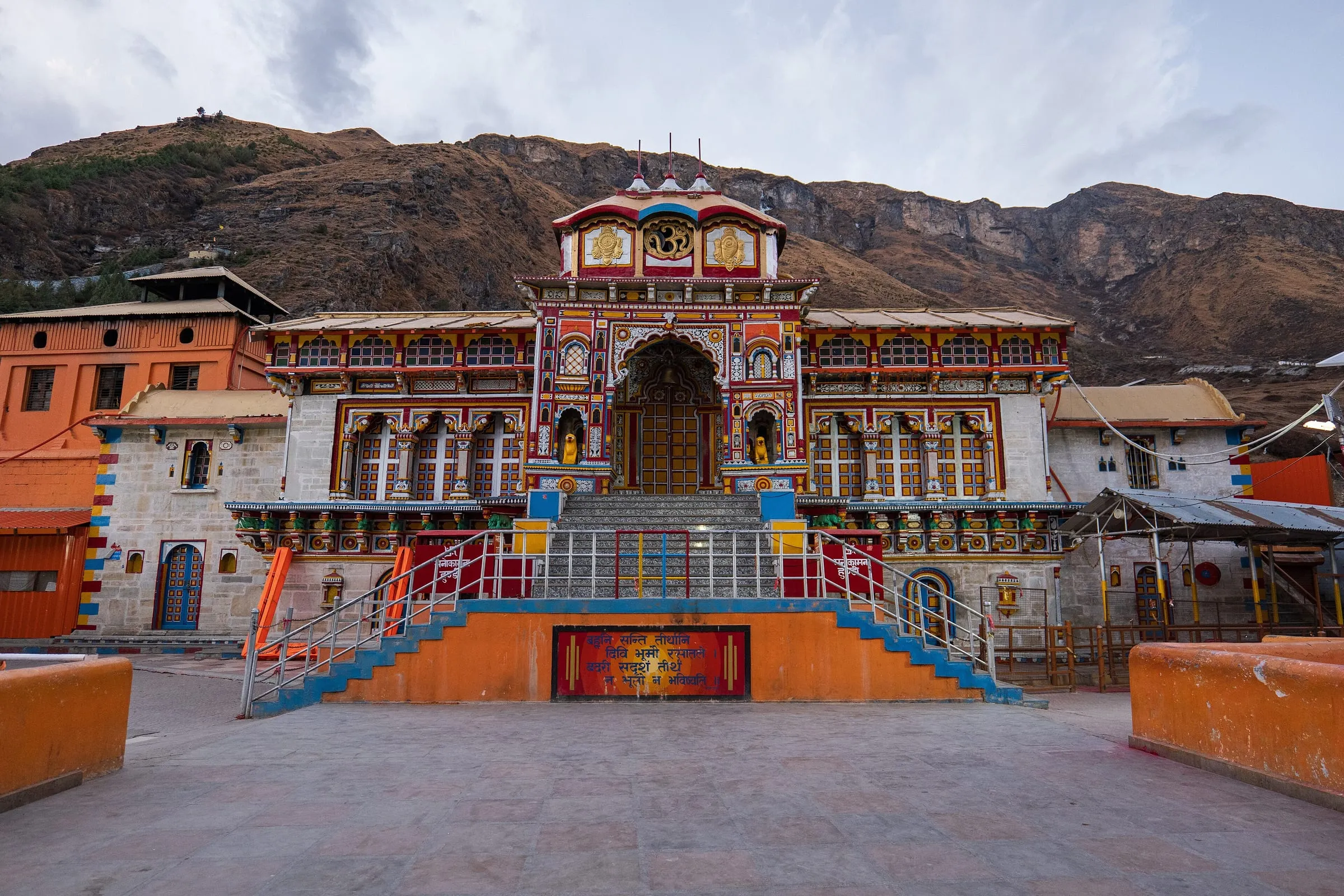 Badrinath Temple below the snow-streaked mountains of the Garhwal Himalaya